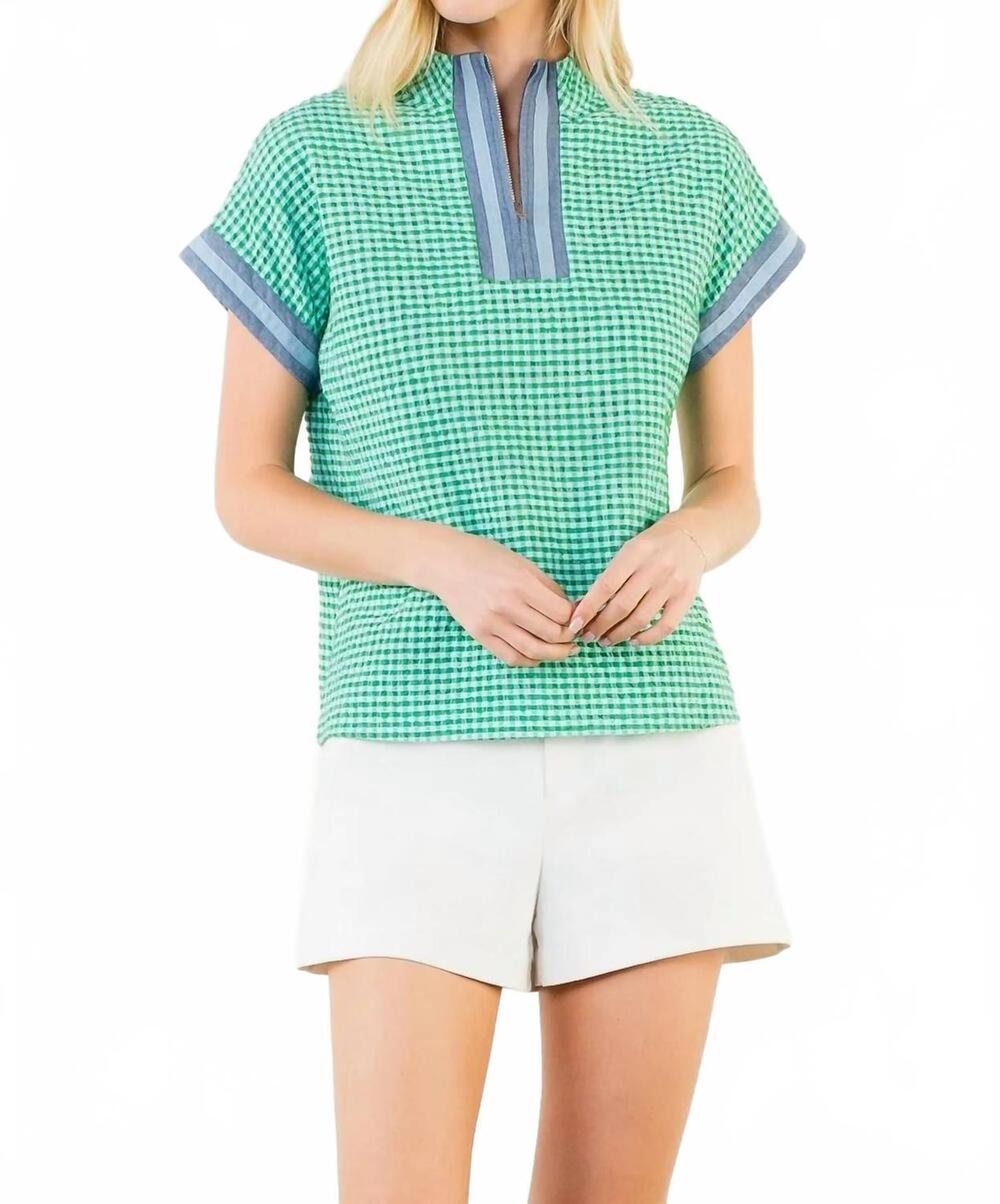 NEW THML short sleeve gingham patterned top in green